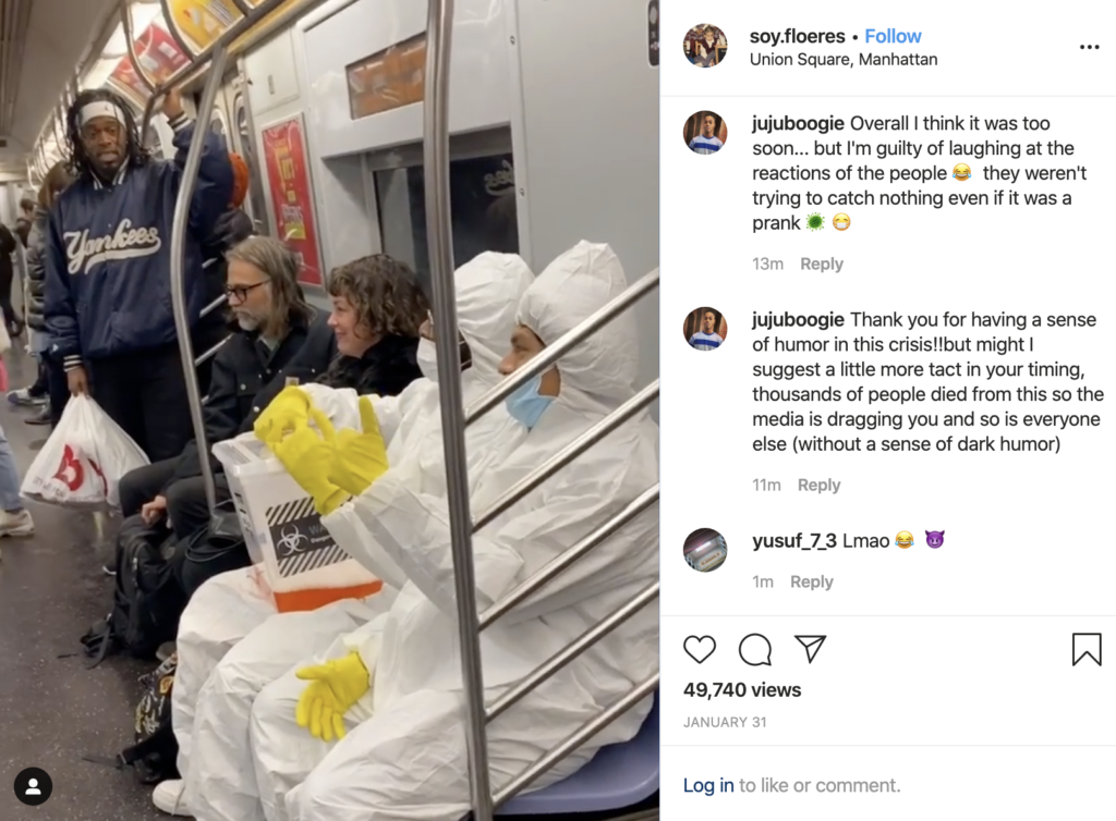 NY市の地下鉄で10代の若者が「コロナウィルス」を使ったイタズラ動画を撮影し乗客を一時恐怖に陥れる