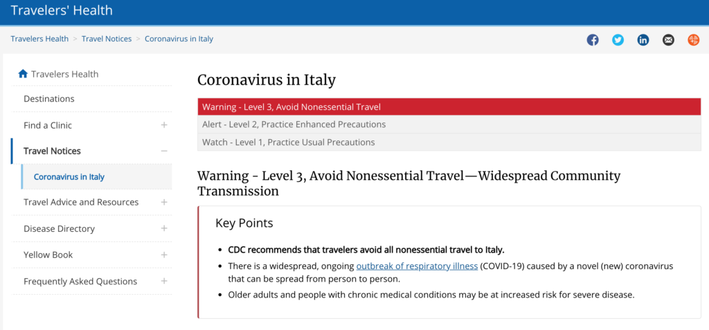 【速報】米CDCがイタリアへの渡航警戒レベルを最高ランクのLevel 3へ格上げ