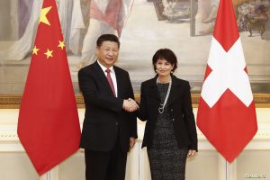 Swiss Federal President Doris Leuthard and China’s President Xi Jinping shake hands prior to the official talks in Bern
