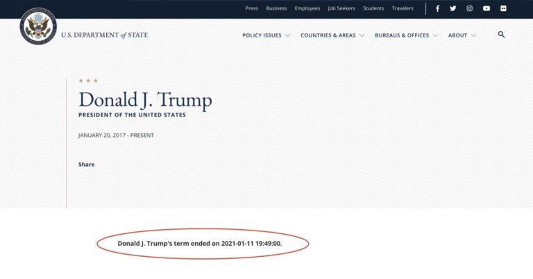 【速報】アメリカ国務省の公式サイトが、トランプ大統領の任期は2021年1月11日午後7時40分に終了と掲載