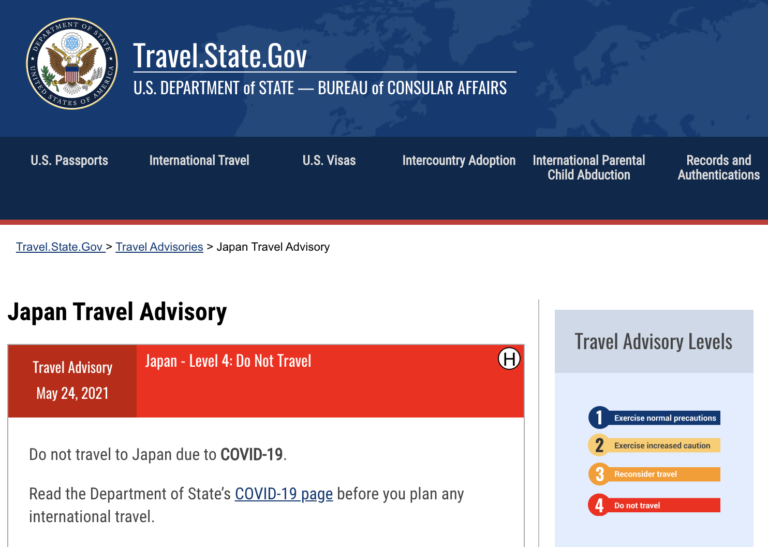 アメリカ国務省、日本への渡航中止勧告を最高のレベル４（渡航中止）に引き上げーー東京五輪にとってまた新たな打撃